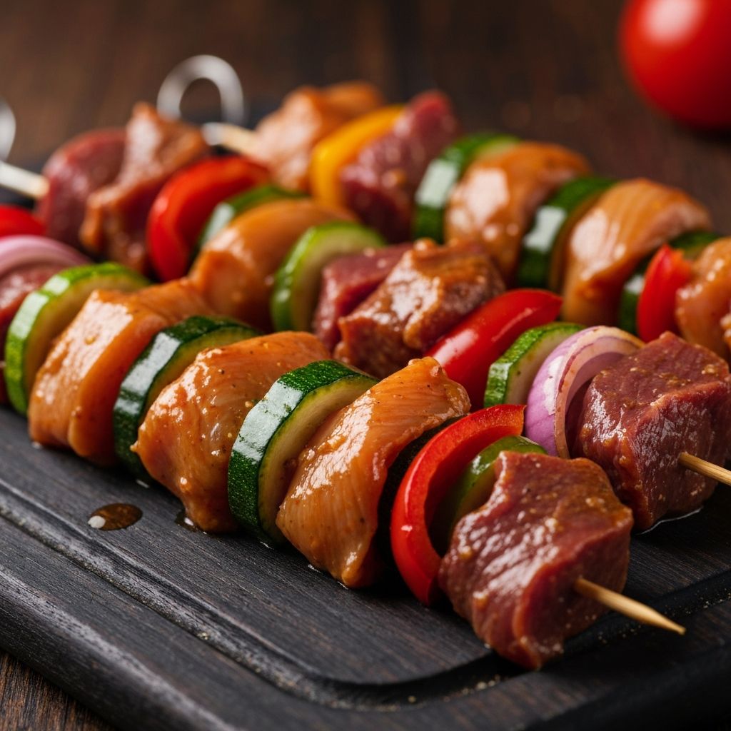 Marinated BBQ meat skewers with vegetables
