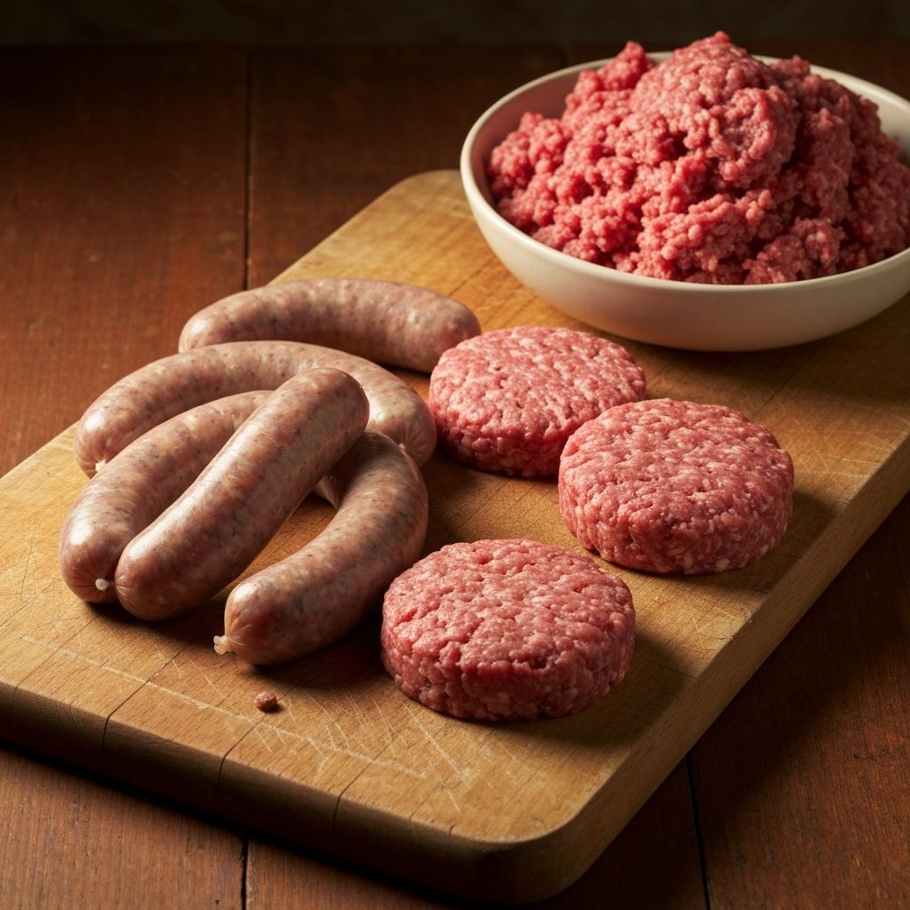 Fresh butcher sausages and burger patties on a wooden board